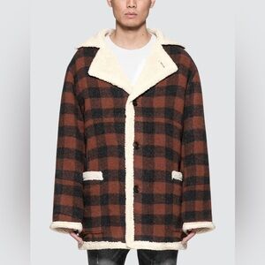 Stampd Men’s M Brown Beige‎  Court Plaid Shearling Coat Winter Check Jacket Warm